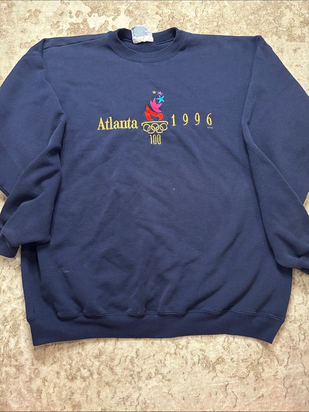 Hanes Navy Crewneck Sweatshirt with Multicolor Atlanta 1996 Embroidery